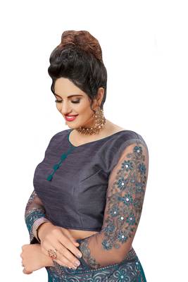 Trendmalls Embroidery Designer Satin and Net Morpeach Party Wear Saree With Blouse 5