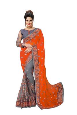 Trendmalls Embroidery Designer Satin And Net Orange Party Wear Saree With Blouse 1
