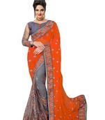 Trendmalls Embroidery Designer Satin And Net Orange Party Wear Saree With Blouse