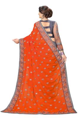 Trendmalls Embroidery Designer Satin And Net Orange Party Wear Saree With Blouse 2