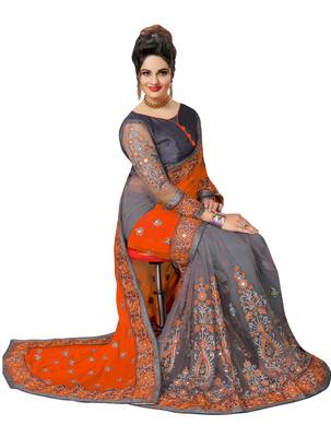 Trendmalls Embroidery Designer Satin And Net Orange Party Wear Saree With Blouse 3