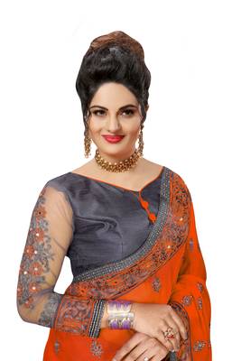 Trendmalls Embroidery Designer Satin And Net Orange Party Wear Saree With Blouse 4