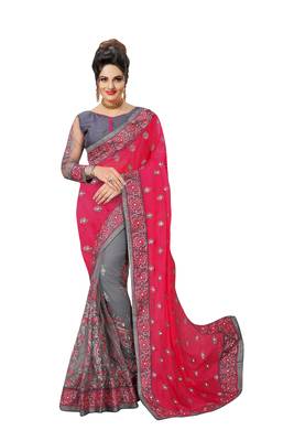 Trendmalls Embroidery Designer Satin And Net Pink Party Wear Saree With Blouse 1