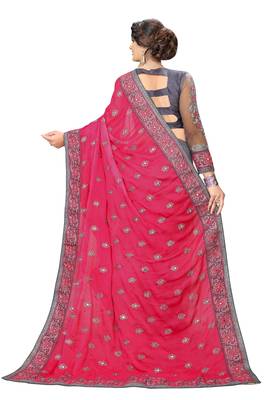 Trendmalls Embroidery Designer Satin And Net Pink Party Wear Saree With Blouse 2