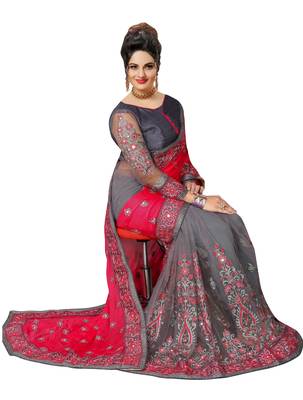 Trendmalls Embroidery Designer Satin And Net Pink Party Wear Saree With Blouse 3