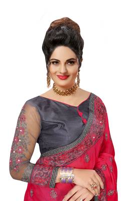 Trendmalls Embroidery Designer Satin And Net Pink Party Wear Saree With Blouse 4