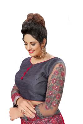 Trendmalls Embroidery Designer Satin And Net Pink Party Wear Saree With Blouse 5