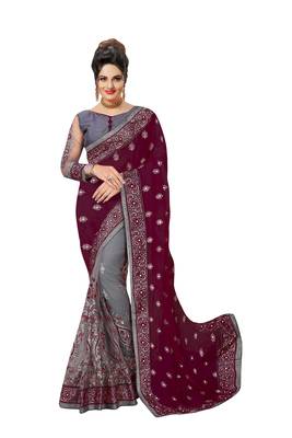 Trendmalls Embroidery Designer Satin And Net Purple Party Wear Saree With Blouse 1