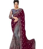 Trendmalls Embroidery Designer Satin And Net Purple Party Wear Saree With Blouse