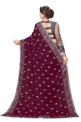 Trendmalls Embroidery Designer Satin And Net Purple Party Wear Saree With Blouse 2