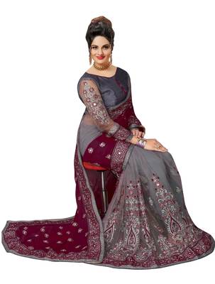 Trendmalls Embroidery Designer Satin And Net Purple Party Wear Saree With Blouse 3
