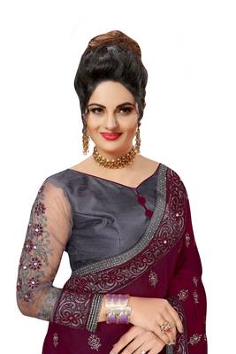 Trendmalls Embroidery Designer Satin And Net Purple Party Wear Saree With Blouse 4