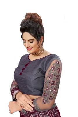 Trendmalls Embroidery Designer Satin And Net Purple Party Wear Saree With Blouse 5