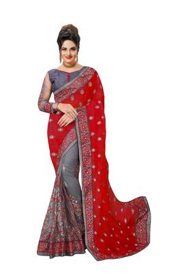 Embroidery Designer Satin and Net Red Party Wear Saree With Blouse 1