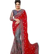Embroidery Designer Satin and Net Red Party Wear Saree With Blouse
