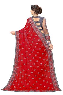 Embroidery Designer Satin and Net Red Party Wear Saree With Blouse 2