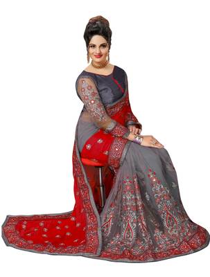 Embroidery Designer Satin and Net Red Party Wear Saree With Blouse 3