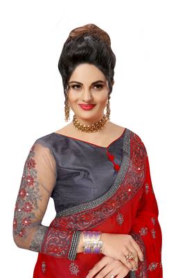 Embroidery Designer Satin and Net Red Party Wear Saree With Blouse 4