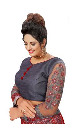 Embroidery Designer Satin and Net Red Party Wear Saree With Blouse 5