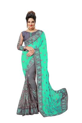  Embroidery Designer Satin and Net Turquoise  Traditional Wedding Party Wear Bridal Saree with Blouse  1