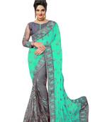  Embroidery Designer Satin and Net Turquoise  Traditional Wedding Party Wear Bridal Saree with Blouse 
