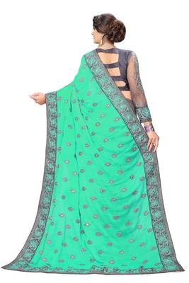  Embroidery Designer Satin and Net Turquoise  Traditional Wedding Party Wear Bridal Saree with Blouse  2