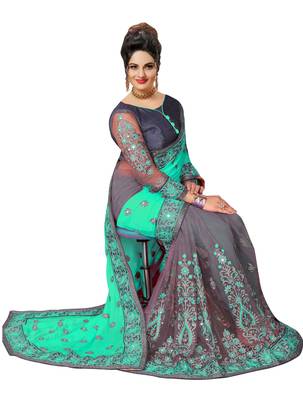  Embroidery Designer Satin and Net Turquoise  Traditional Wedding Party Wear Bridal Saree with Blouse  3