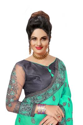  Embroidery Designer Satin and Net Turquoise  Traditional Wedding Party Wear Bridal Saree with Blouse  4