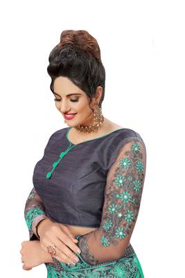 Embroidery Designer Satin and Net Turquoise  Traditional Wedding Party Wear Bridal Saree with Blouse  5