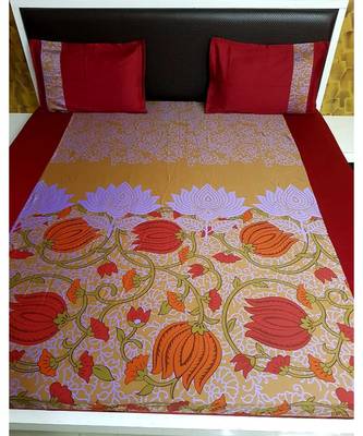 Sanwariya Handstitched 300TC Cotton Fitted King Size Bedsheet With 2 Pillow Covers 1