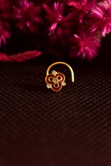 Designer Golden Meenakari Diamond Floral nose ring or Nose Pin