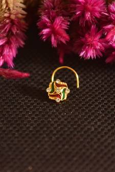 Designer Golden Meenakari Diamond Floral nose ring or Nose Pin