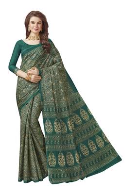 Green printed cotton saree with blouse 1