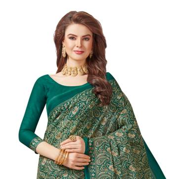 Green printed cotton saree with blouse 2