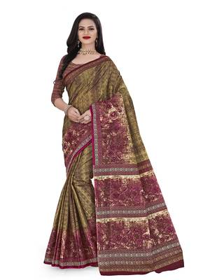 Olive printed cotton saree with blouse 1