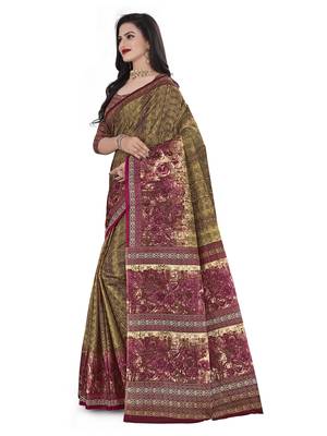 Olive printed cotton saree with blouse 3