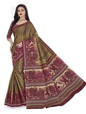 Olive printed cotton saree with blouse 4