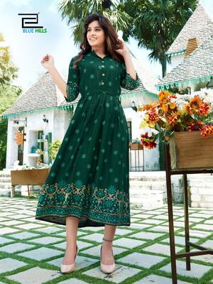 Green printed rayon long-kurtis 1