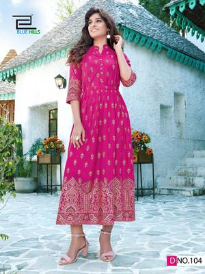 Hot-pink printed rayon long-kurtis 1