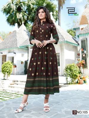 Brown printed rayon long-kurtis 1