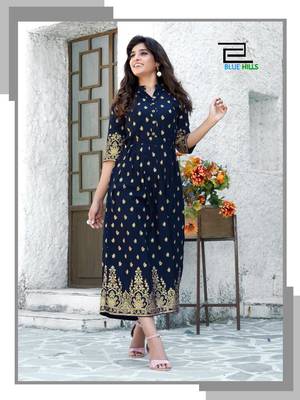 Navy-blue printed rayon long-kurtis 1