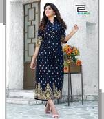 Navy-blue printed rayon long-kurtis