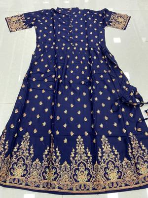 Navy-blue printed rayon long-kurtis 2
