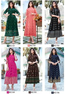 Navy-blue printed rayon long-kurtis 3