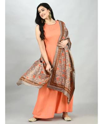 Peach Cotton Solid Sleeveless Round Neck Casual Kurta Dupatta Set 1