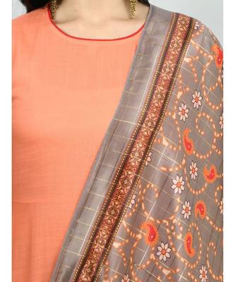 Peach Cotton Solid Sleeveless Round Neck Casual Kurta Dupatta Set 4