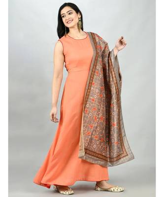 Peach Cotton Solid Sleeveless Round Neck Casual Kurta Dupatta Set 5