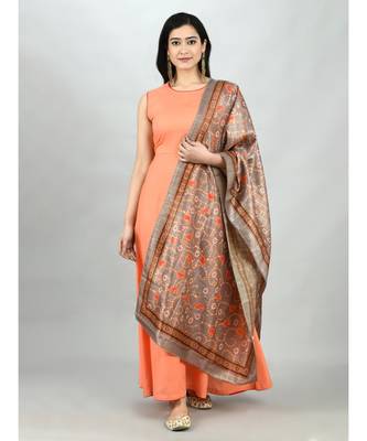 Peach Cotton Solid Sleeveless Round Neck Casual Kurta Dupatta Set 6