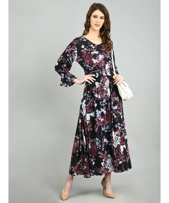 Multi Rayon Printed Full Sleeve V Neck Casual Dress 1