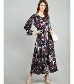 Multi Rayon Printed Full Sleeve V Neck Casual Dress